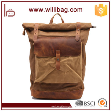 Light Weight Daily Use Men Canvas Leather Rucksack Backpack